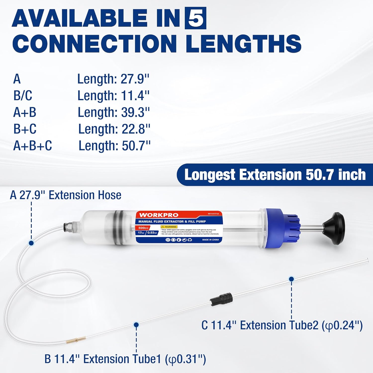 Manual fluid extractor syringe with extension tube options and long reach hose attachment