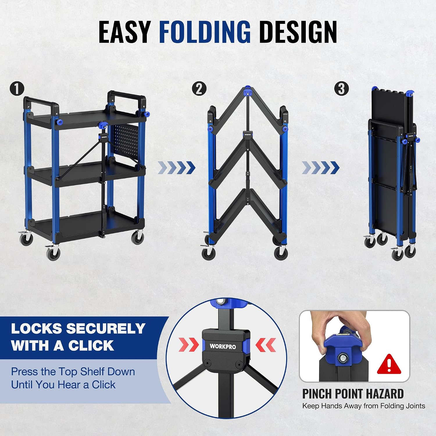 WORKPRO 3-Tier Heavy Duty Collapsible Service Cart-Blue and Black