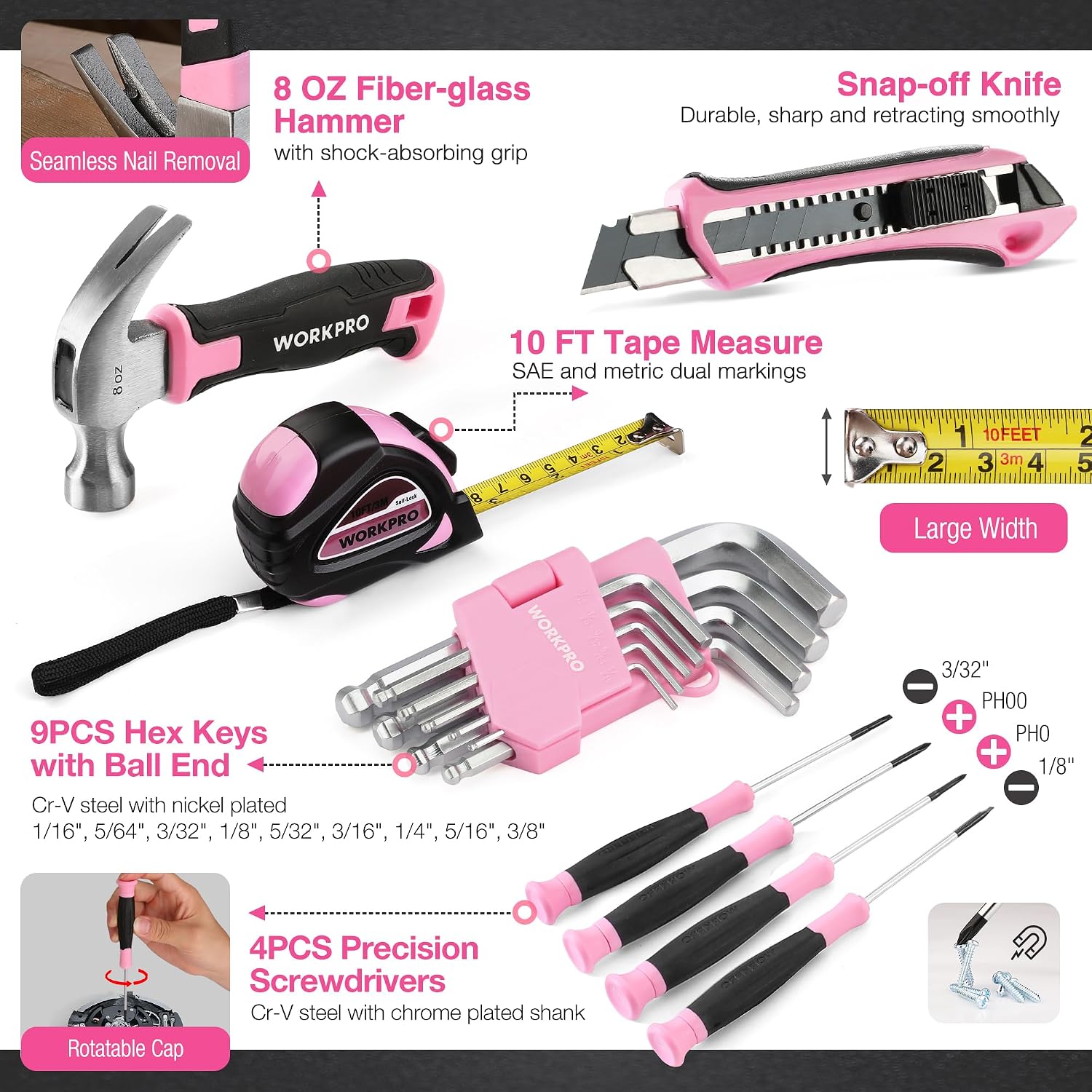 WORKPRO 43-Piece Cordless 8V Drill Driver Home Tool Set with Stackable Tool Box in pink with innovation, quality