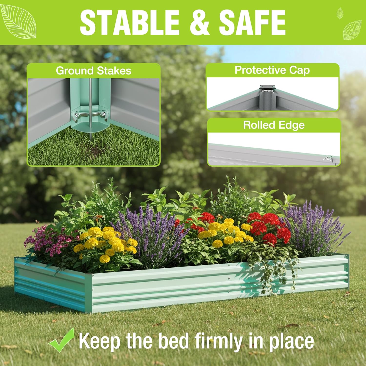 Green raised garden bed with ground stakes and protective cap, flower bed