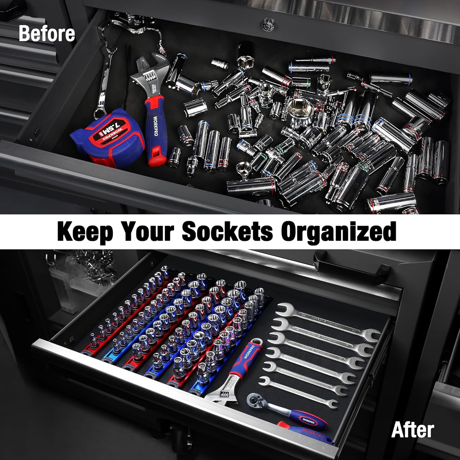 Magnetic socket organizer drawer rails with black clips holding multiple sockets