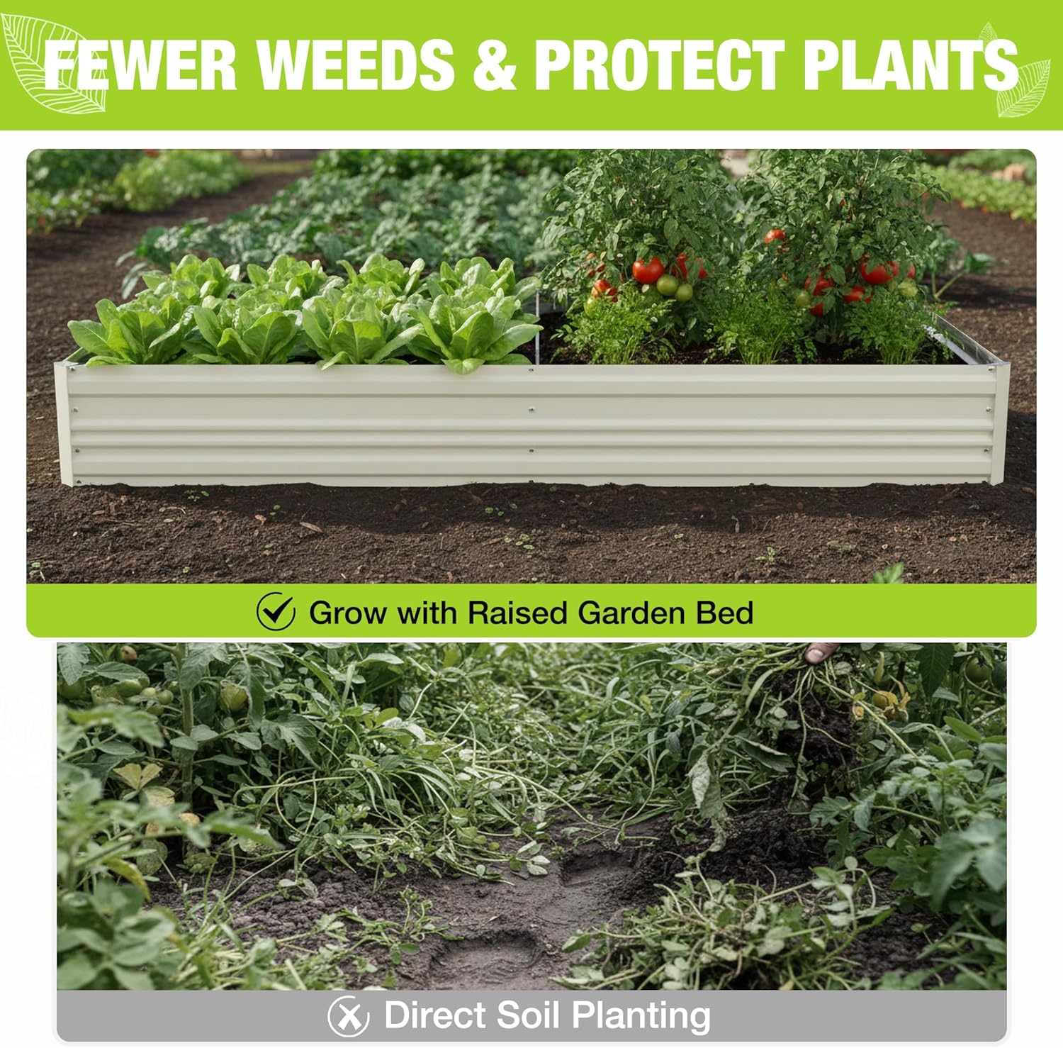 White raised garden bed planter with soil and rows of green leafy plants