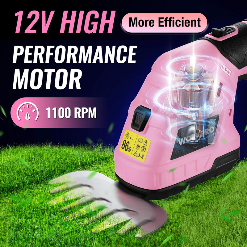 WORKPRO 12V Cordless 2 in 1 Handheld Cordless Grass Shear & Shrubbery Trimmer with 2.0Ah Rechargeable Lithium-Ion Battery &1 Hour Fast Charger-Pink Ribbon