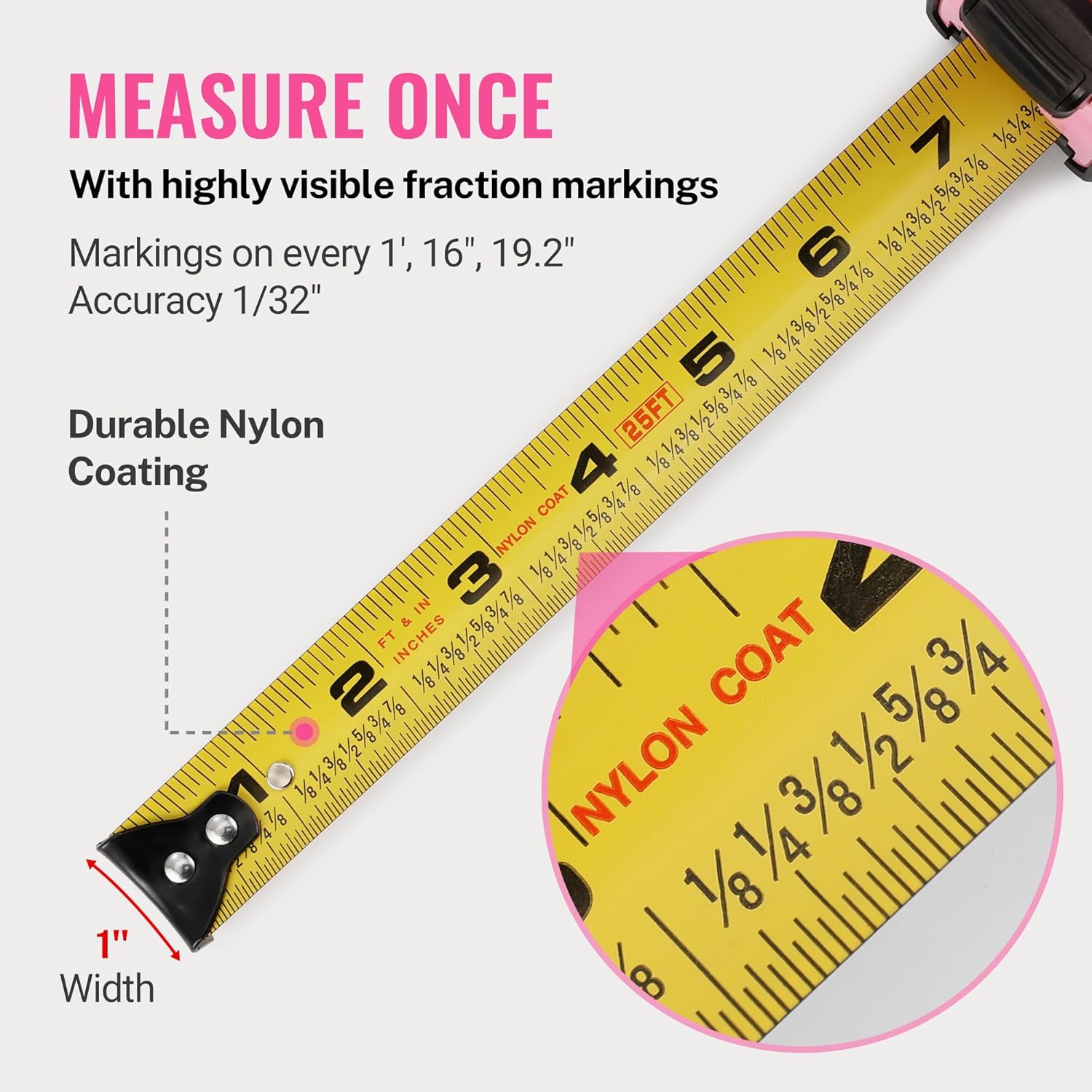 Yellow measuring tape blade with fraction markings and durable nylon-coated tape measure