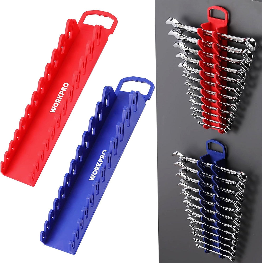 2-pack magnetic wrench holders: red and blue racks with loop handles and gripper teeth