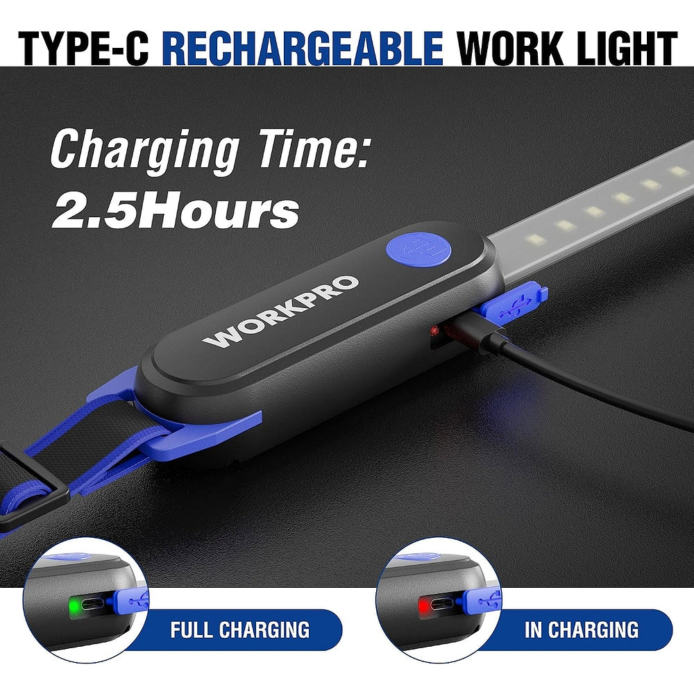 Rechargeable LED work light bar with Type-C charging port and blue control indicator
