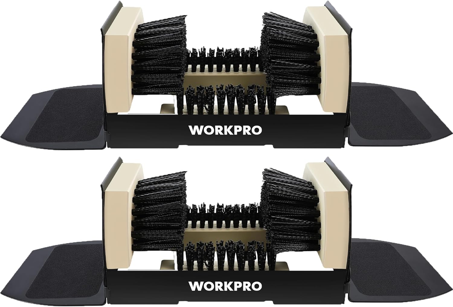 Two-row boot scrubber brush with black bristles and beige handles on a black base