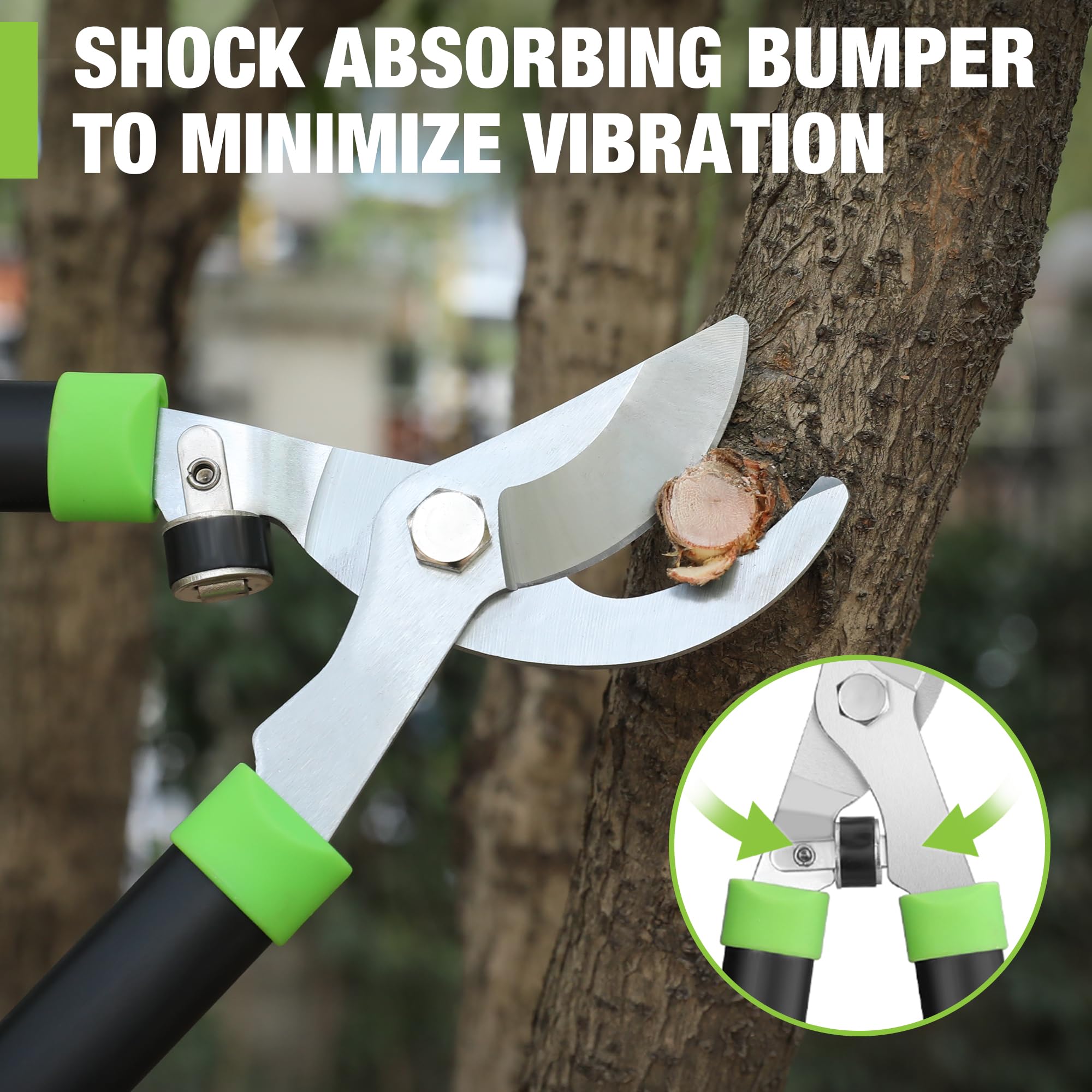 Bypass lopper cutting a branch with silver bypass cutting blades