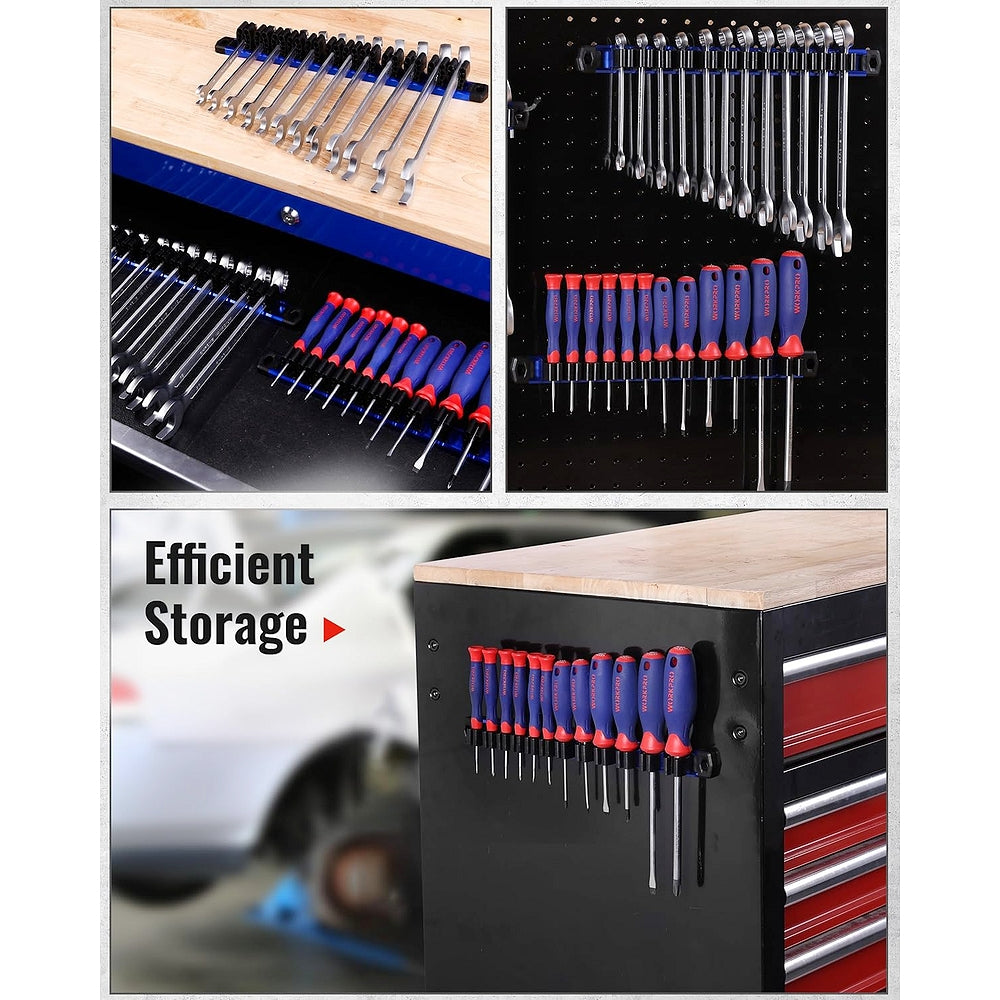 Wall-mounted magnetic tool organizer with black panel, blue rail, and red/blue tool slots