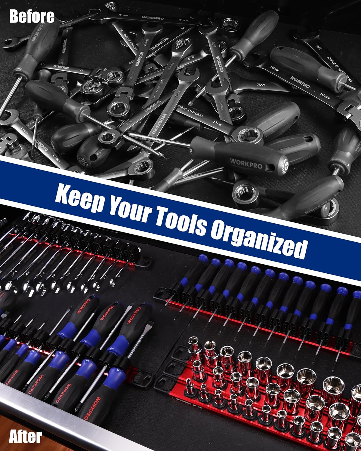 Magnetic tool organizer rails holding wrenches, sockets, and screwdrivers with clips