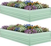 Green galvanized metal raised garden bed planter with flowers, set of two