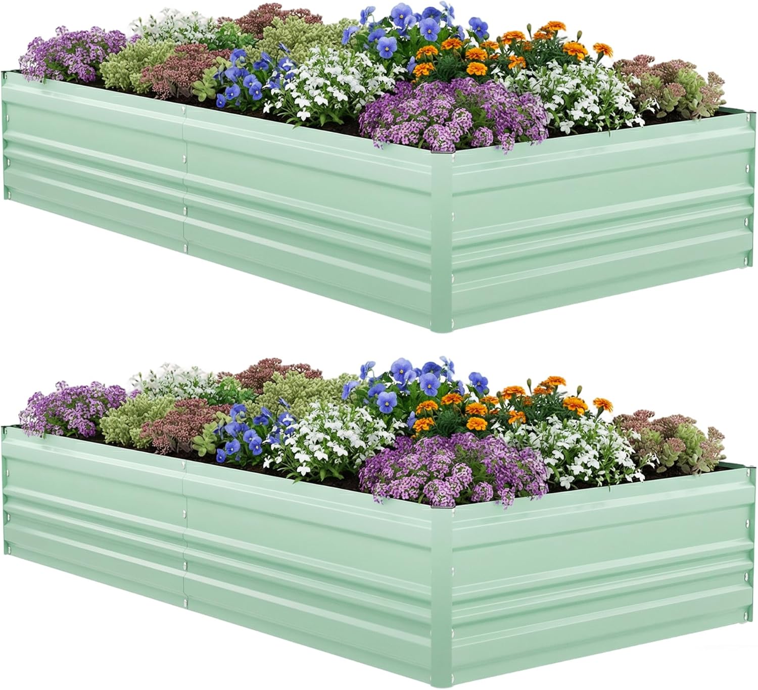 Green galvanized metal raised garden bed planter with flowers, set of two