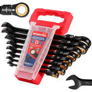 Black anti-slip ratcheting wrench set with red organizer case and gold drive tips