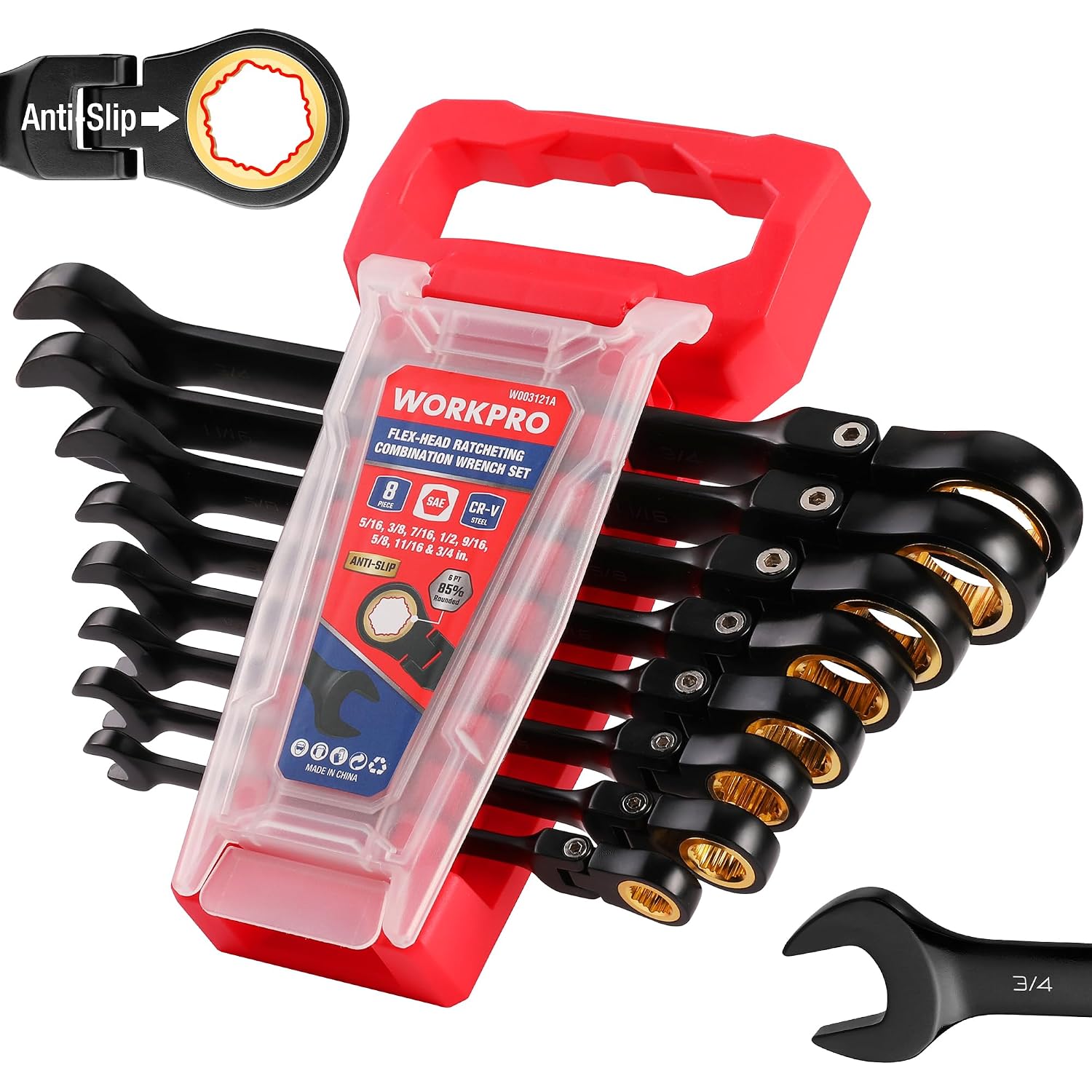 Black anti-slip ratcheting wrench set with red organizer case and gold drive tips