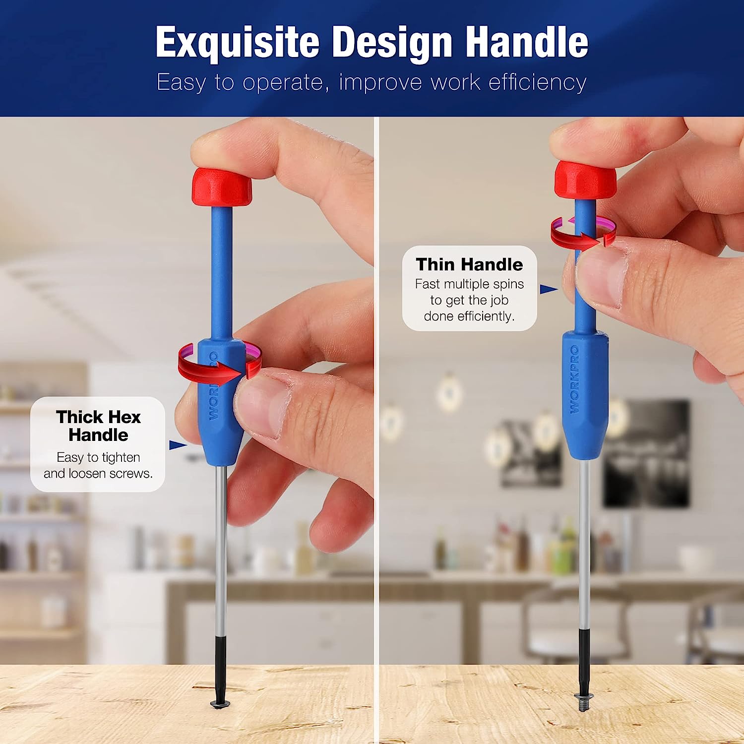 Hex-handled magnetic screwdriver with blue handle and red cap, showing thin tip
