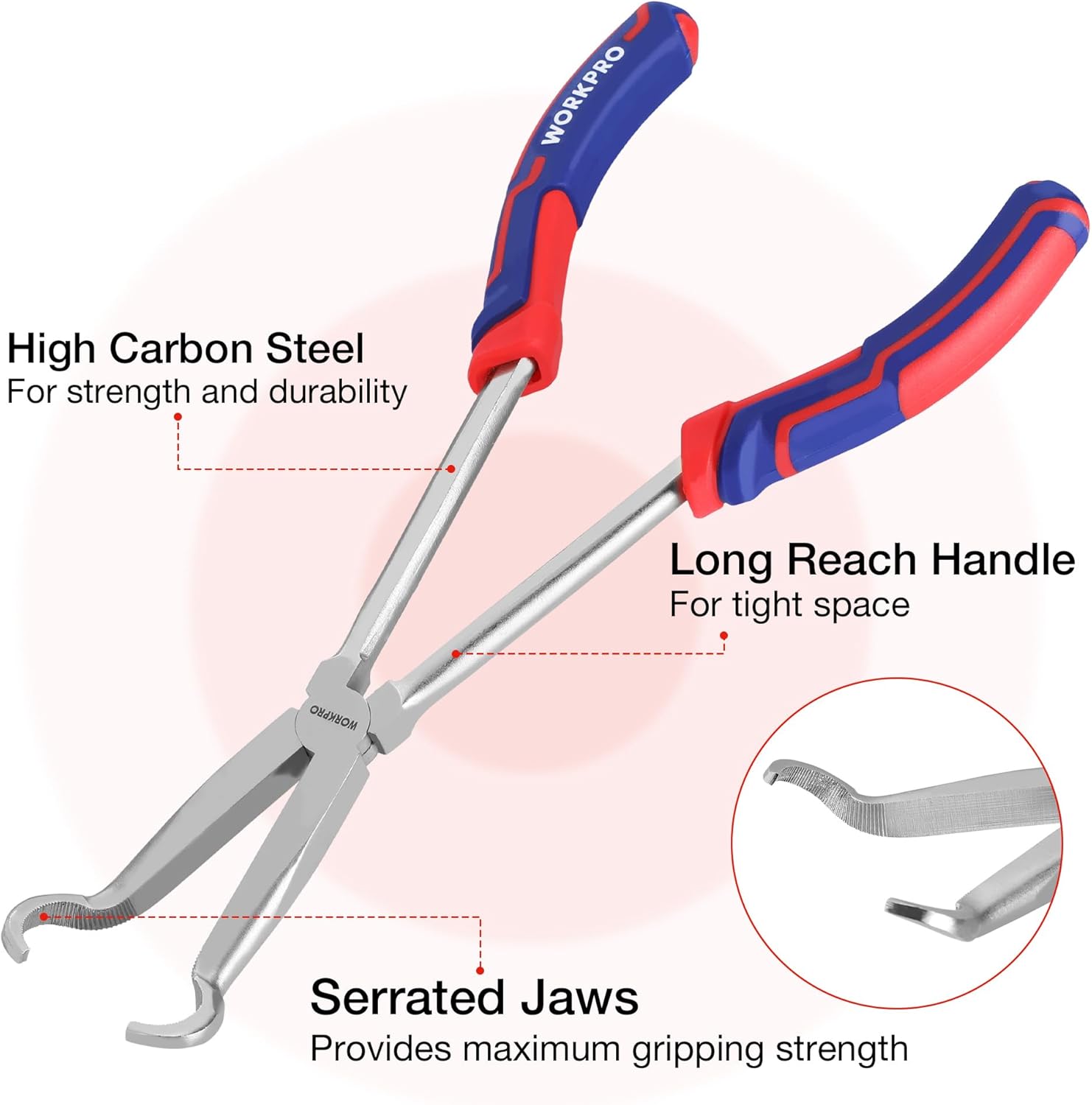 Long-reach hose gripper pliers with serrated jaws, red-blue comfort handle, gray steel