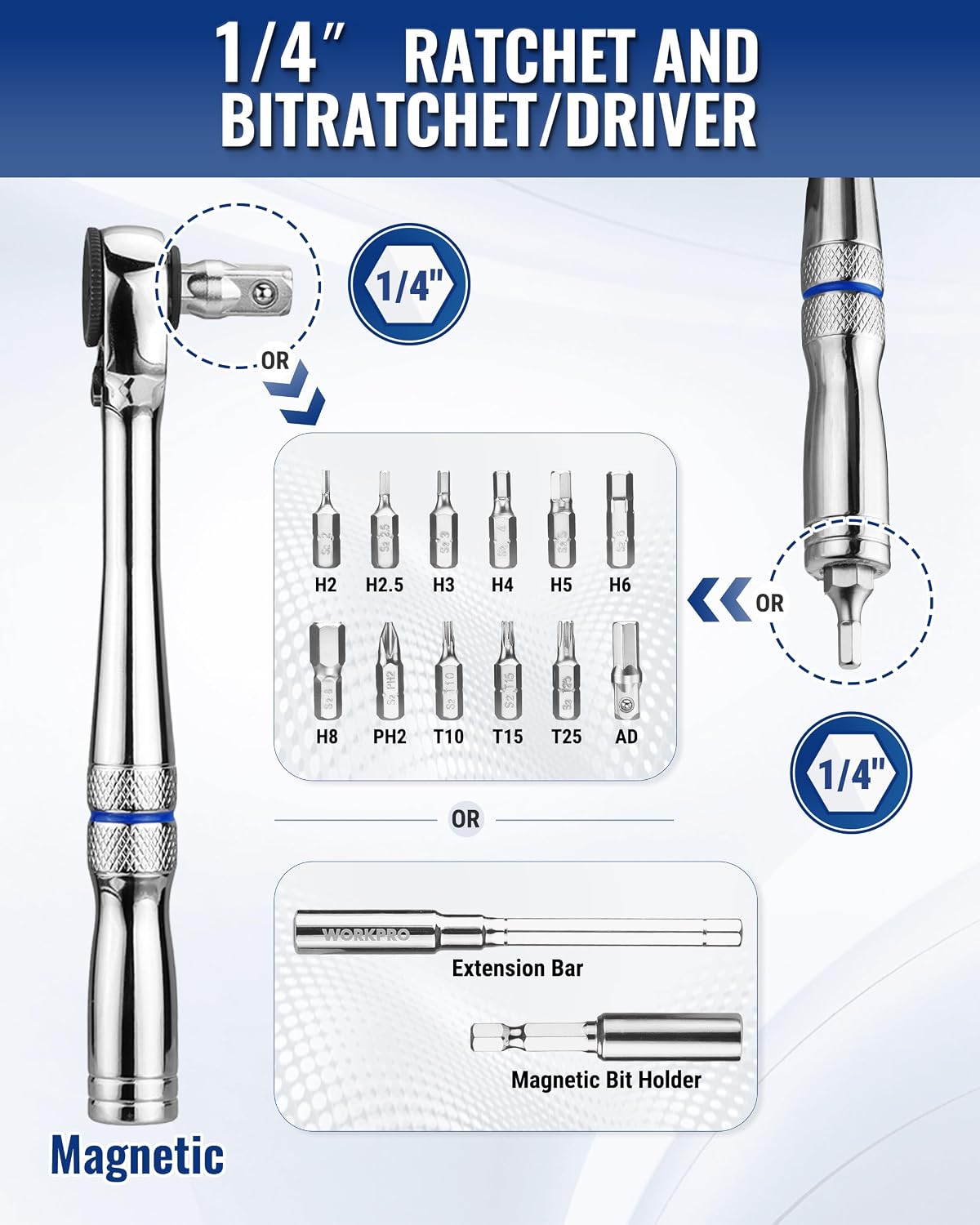 WORKPRO 15PC 1 4 inch Dr mini ratchet set with extension bar and magnetic bit holder, innovation quality
