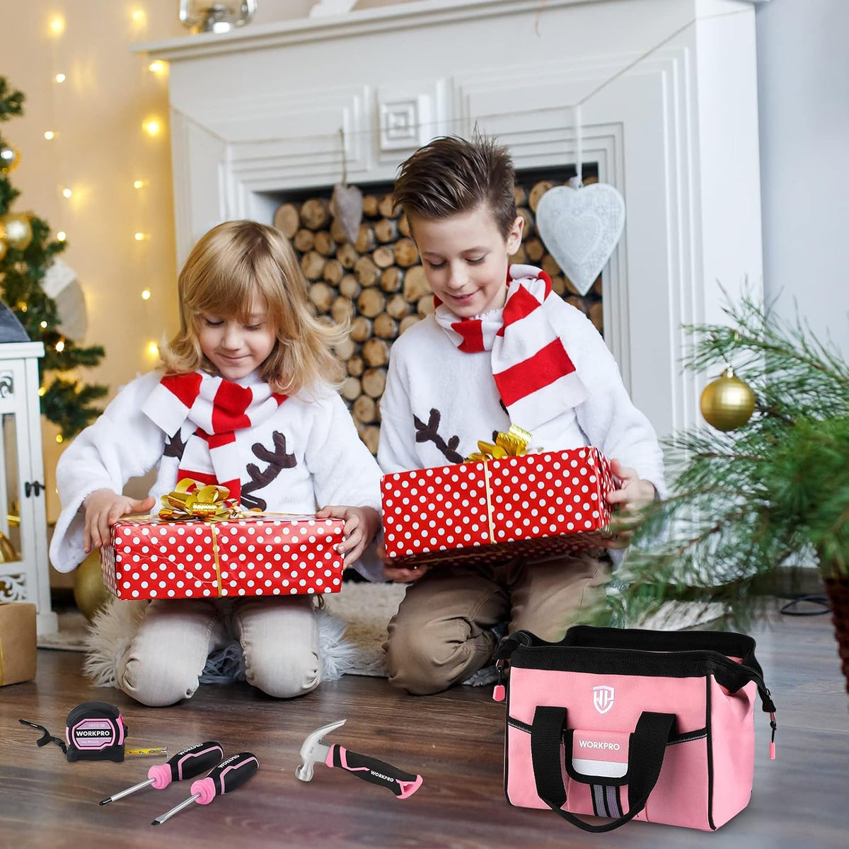 WORKPRO 9 Pcs Kids Junior Tool Set with Tool Bag in pink with secure durable quality for age 8