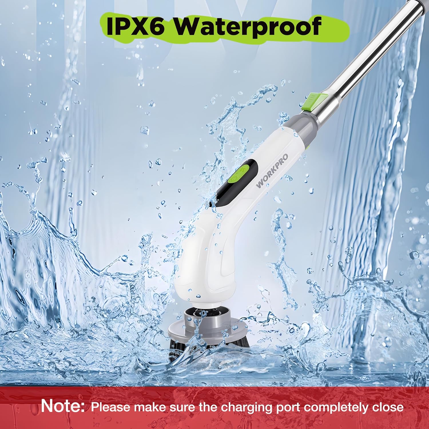 Waterproof cordless spin scrubber with long handle and rotating brush head, white