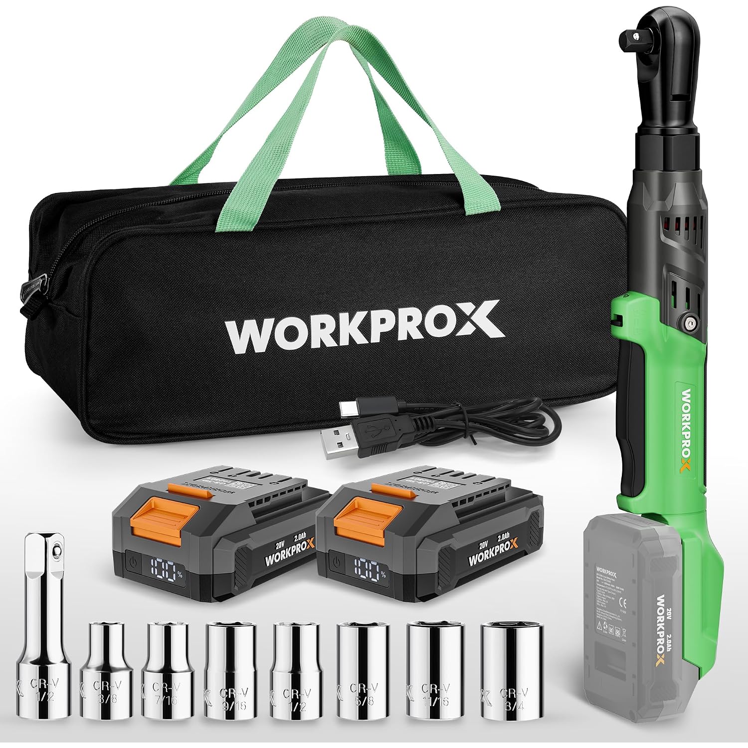 Black tool bag and green cordless ratchet wrench kit with sockets and two rechargeable batteries.
