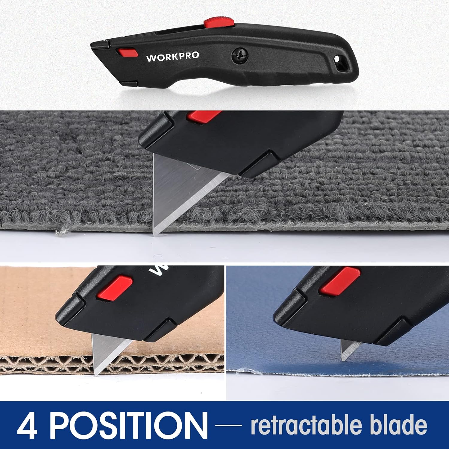 Retractable utility knife with red slider and extended blade on gray fabric