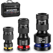 Three quick-release hex impact bit adapters with textured black grips and CR-MO markings