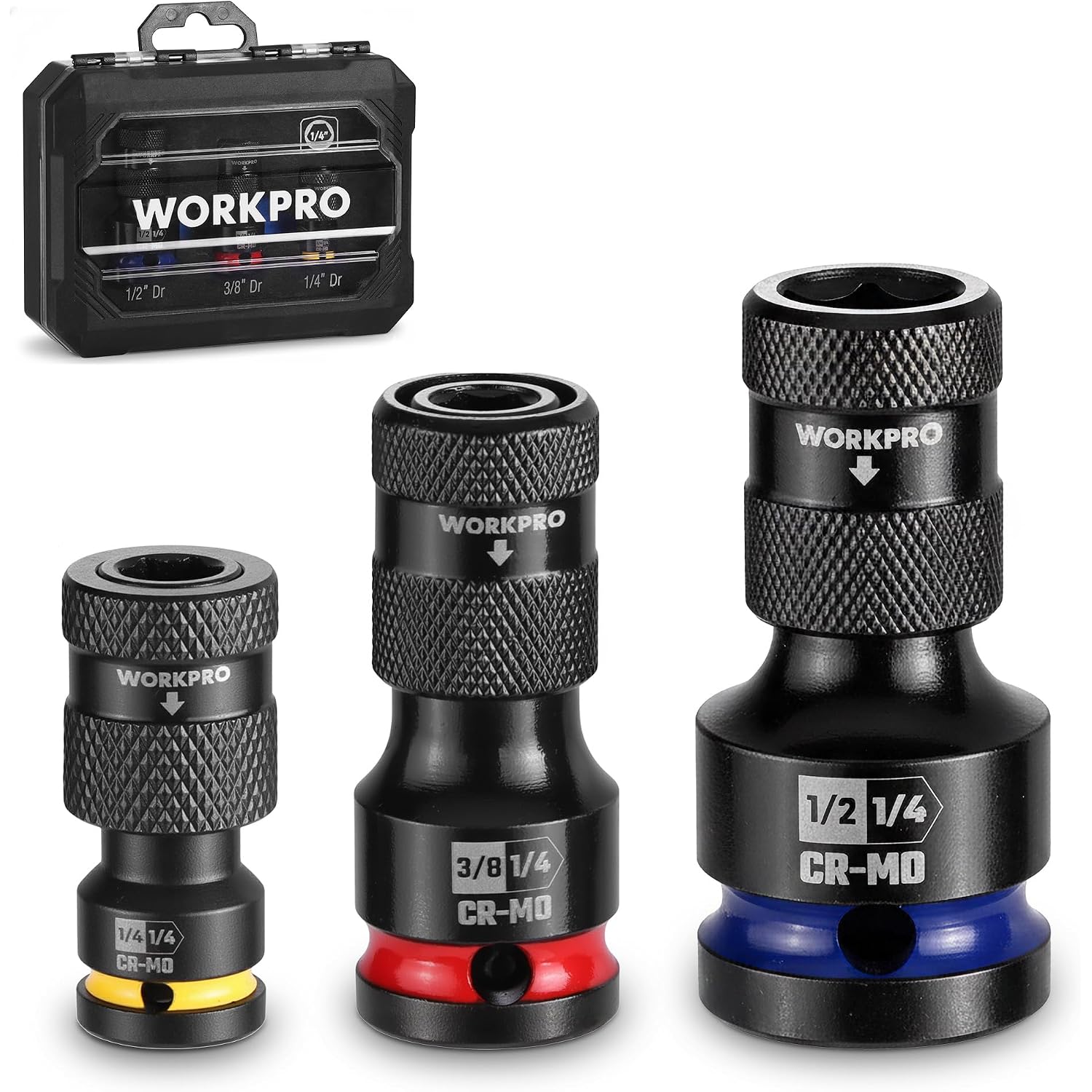 Three quick-release hex impact bit adapters with textured black grips and CR-MO markings