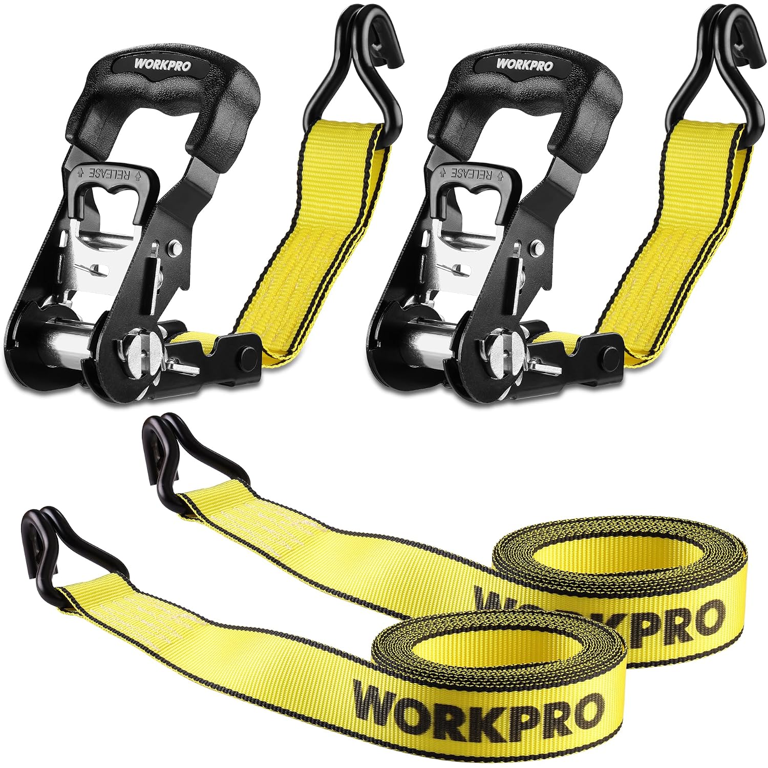 Pair of WORKPRO ratchet tie downs with yellow straps, black ratchets, and J-hooks