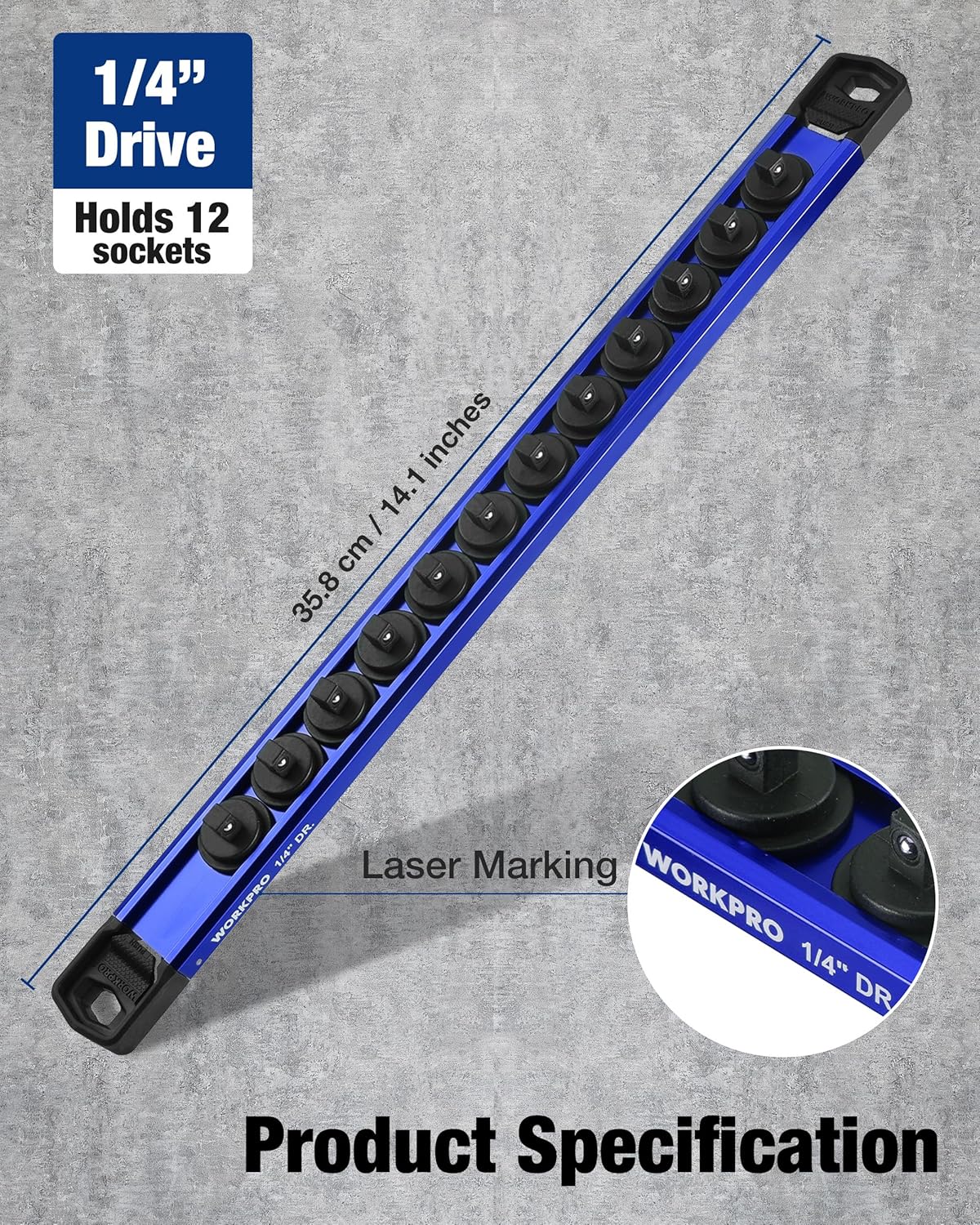 Blue 1/4 in drive socket organizer rail with 12 black removable clips