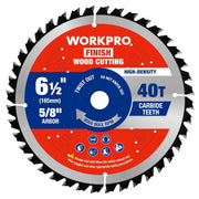 6-1/2 in circular saw blade with red/blue label, 40T carbide teeth, 5/8 in arbor