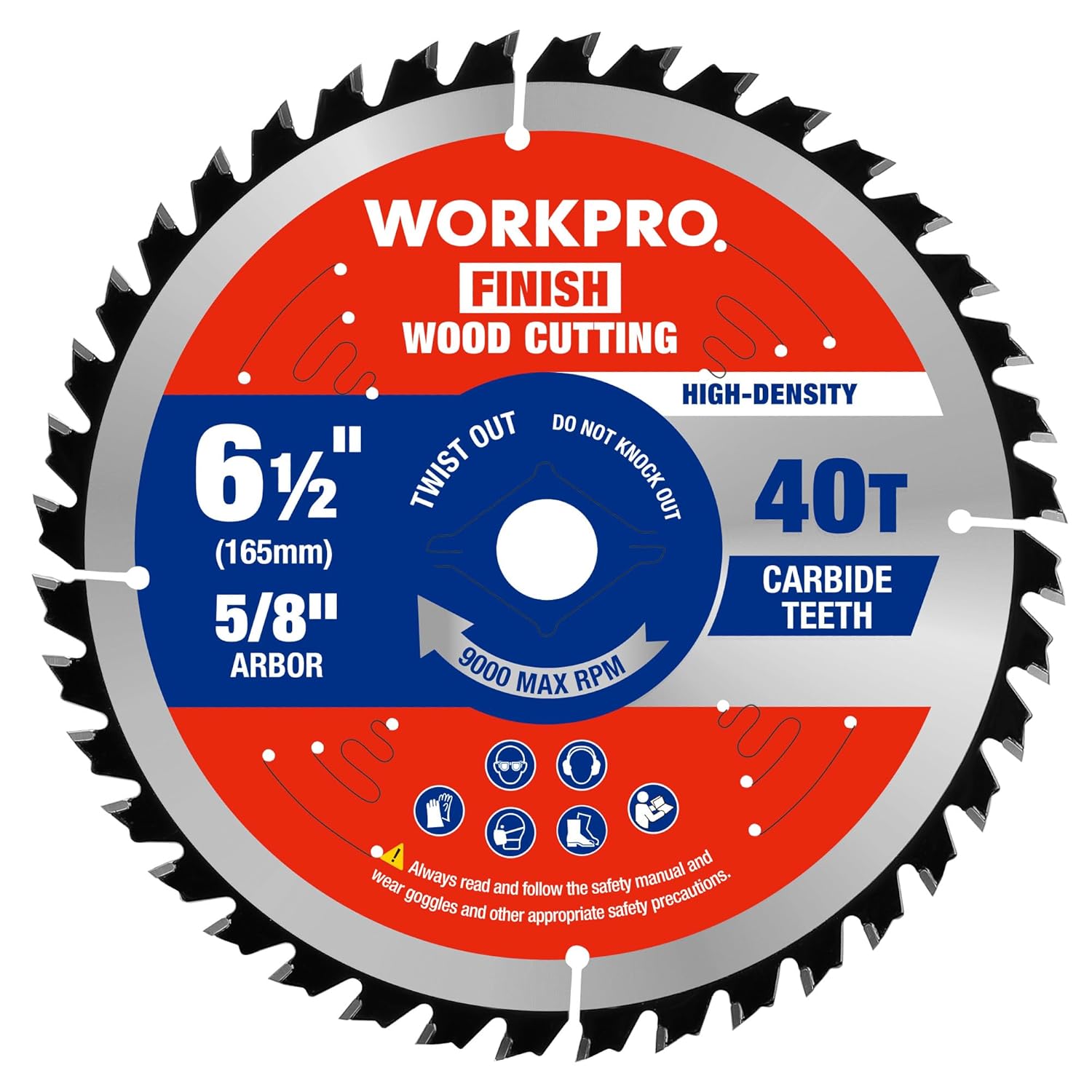 6-1/2 in circular saw blade with red/blue label, 40T carbide teeth, 5/8 in arbor