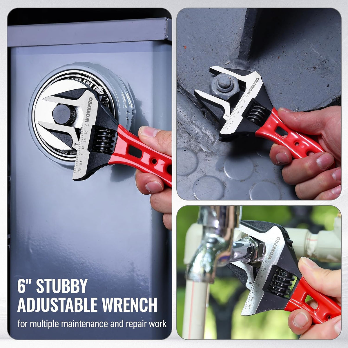 WORKPRO 6" Stubby Adjustable Wrench, 1-5/8" Extra Wide Jaw Opening