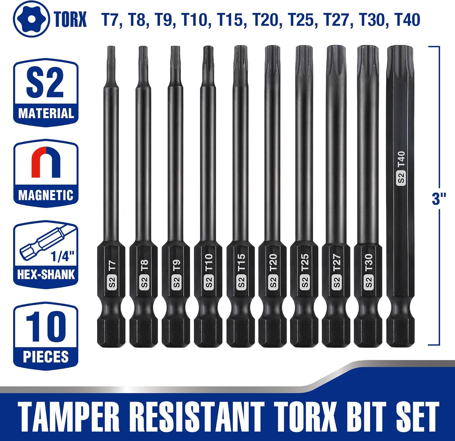 Magnetic S2 steel tamper-resistant Torx bits, 10 pcs, 3-inch hex shank