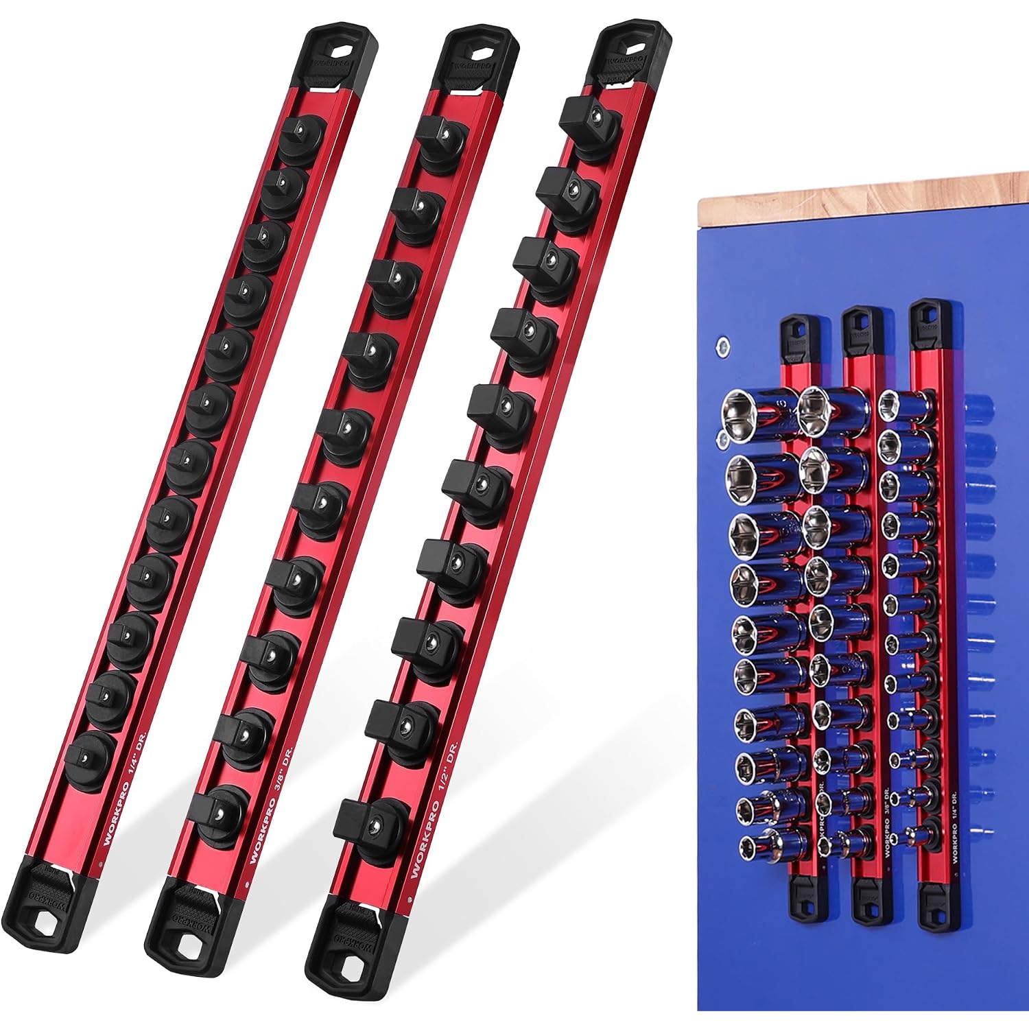 Set of three red magnetic socket organizer rails with black clip heads.