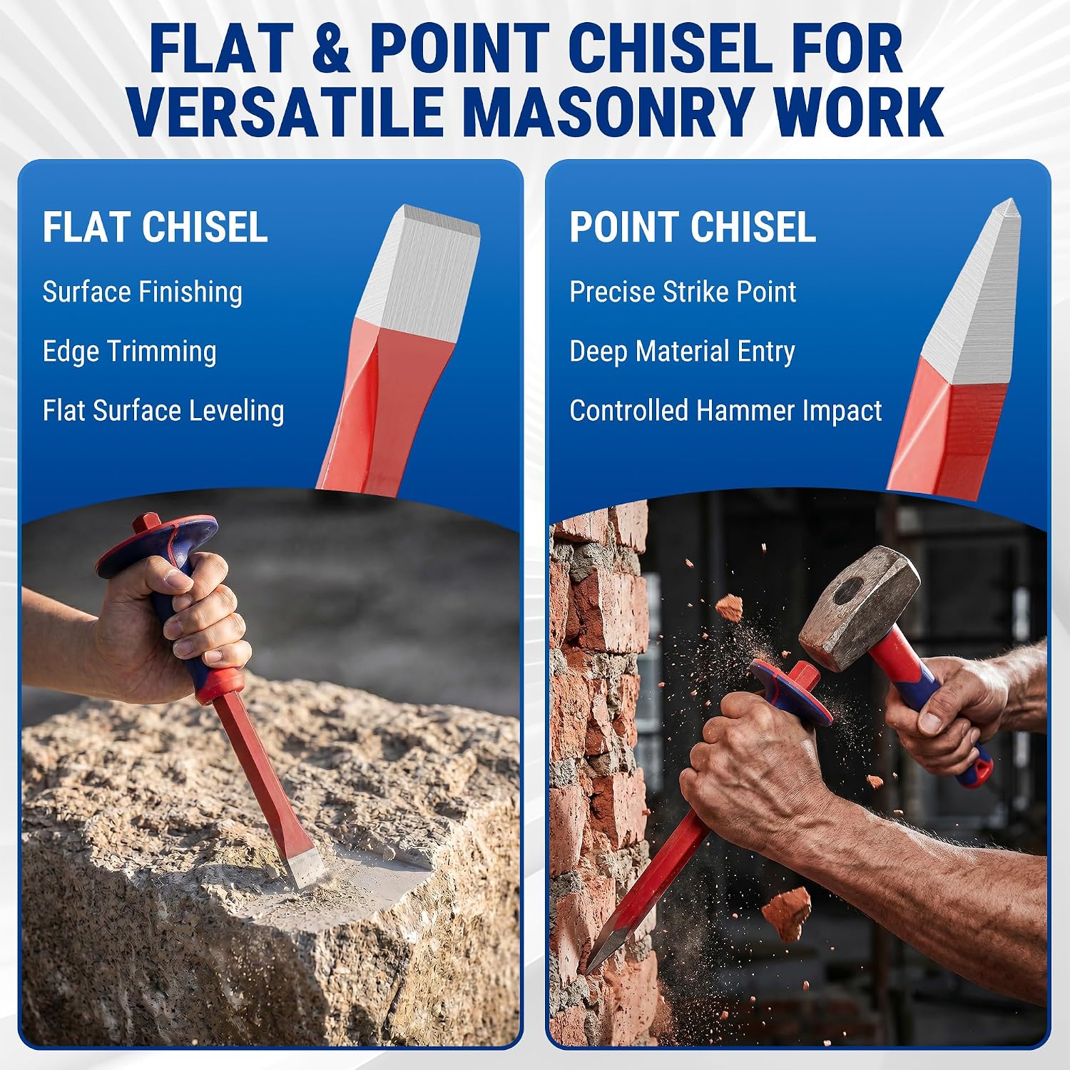 WORKPRO 3-piece masonry chisel set with protective hand guard, red and blue handles, shown in use on stone and brick