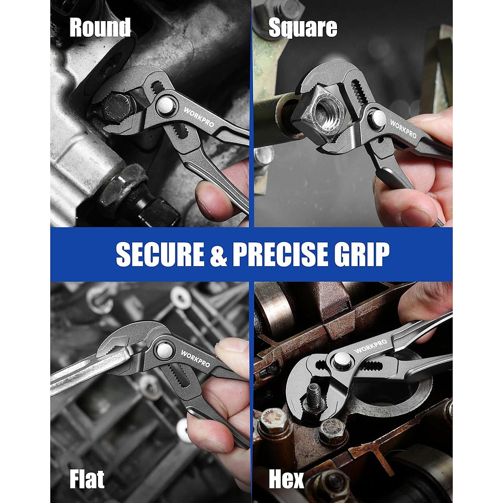 Grey WORKPRO water pump pliers gripping multiple fastener shapes: round, square, flat, hex