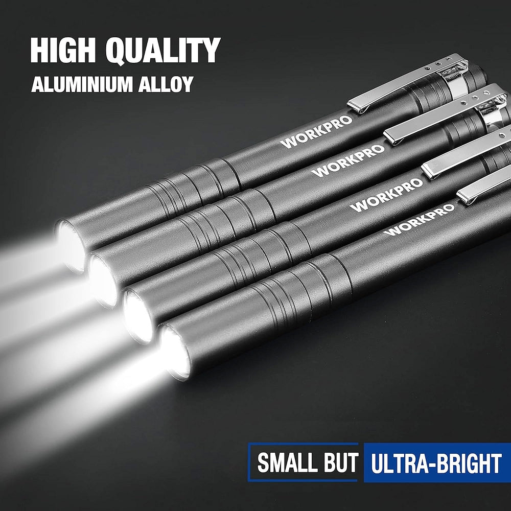 Set of aluminum LED pen flashlights, dark gray bodies, bright beam end view