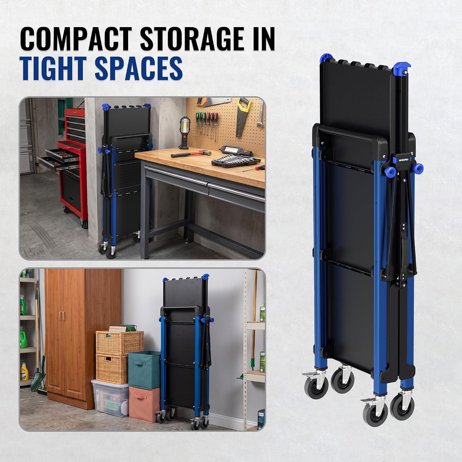WORKPRO 3-Tier Heavy Duty Collapsible Service Cart-Blue and Black