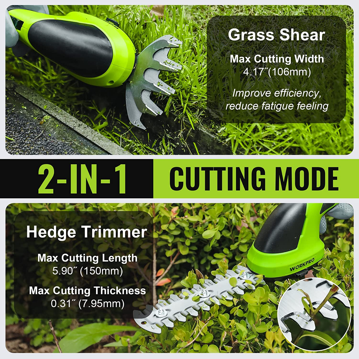 2-in-1 grass shear and hedge trimmer in lime green with dual blade system