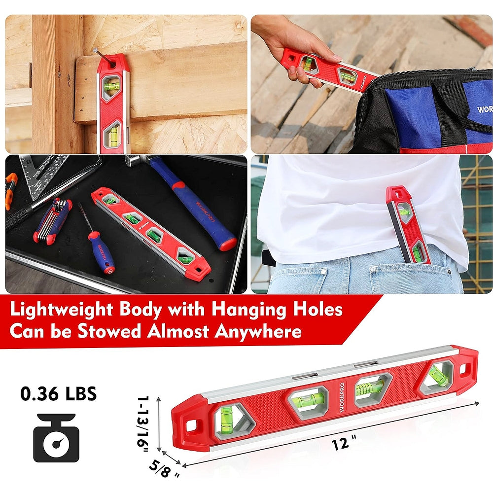 Red aluminum torpedo level with 4 green vials used for leveling on wood