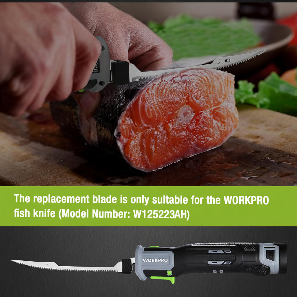 Serrated fillet knife replacement blade trimming salmon on a cutting board