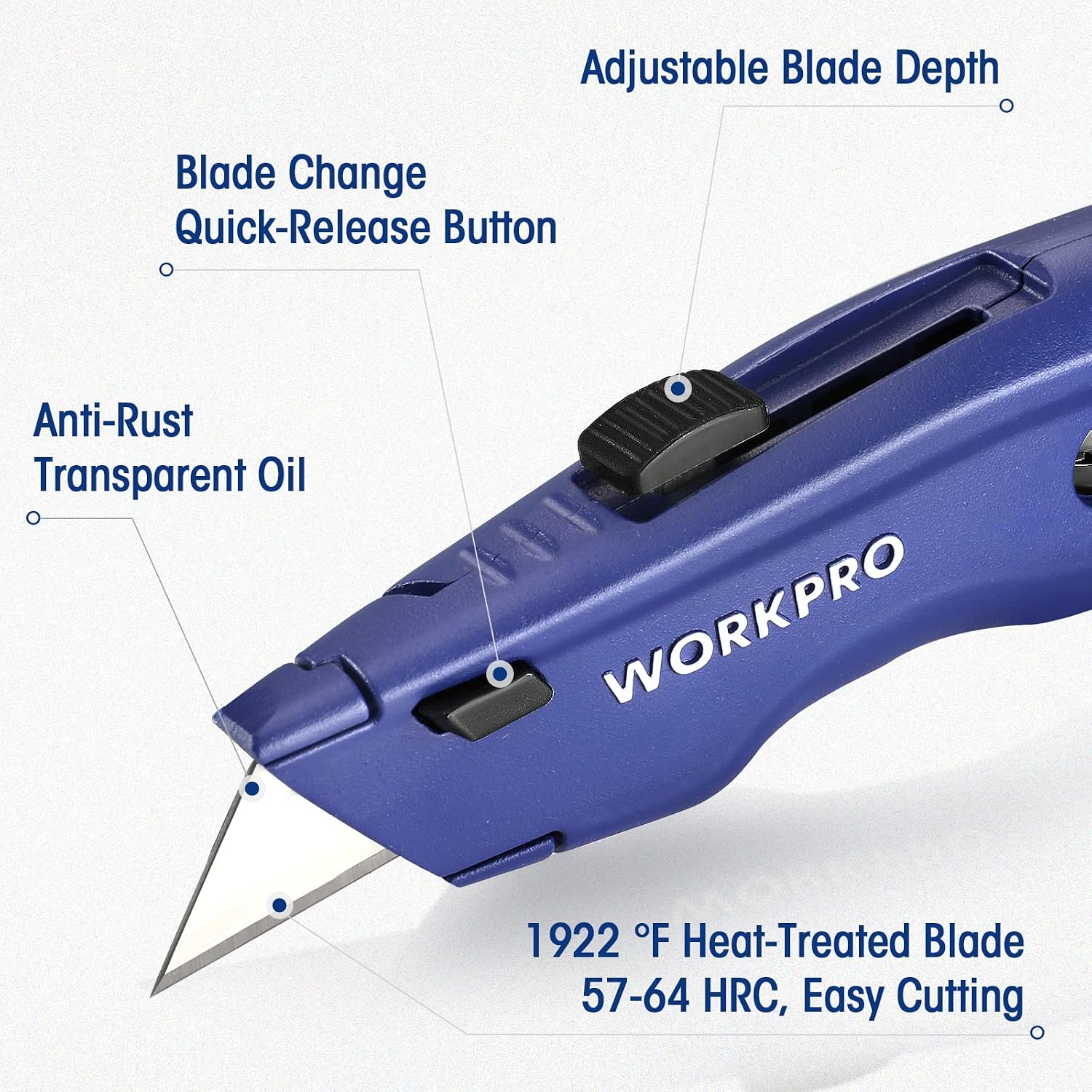 Blue retractable utility knife with quick-release button and adjustable blade depth