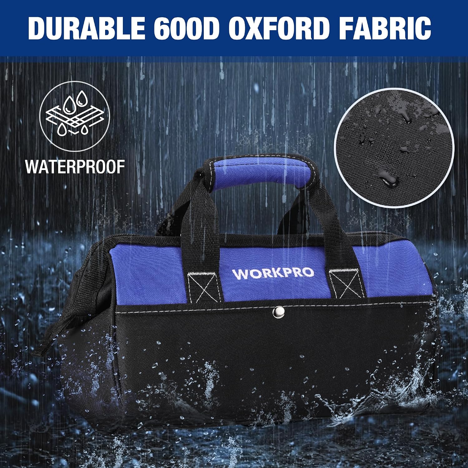 WORKPRO 13-inch wide mouth tool tote bag in blue and black with waterproof innovation and durable quality