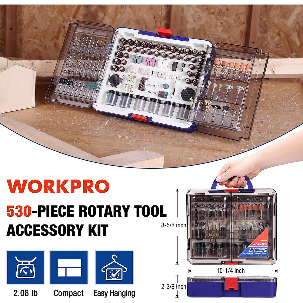 WORKPRO rotary tool accessory kit case open with organized bits and tools