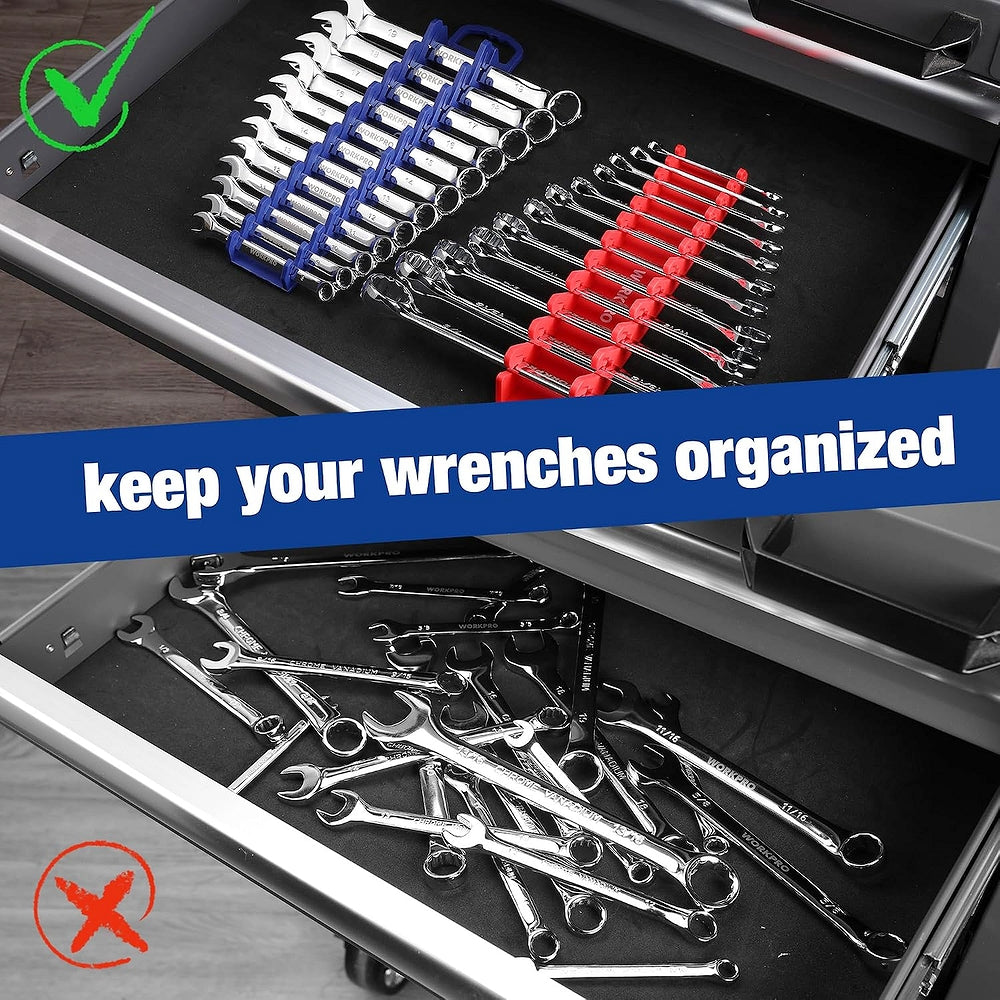 Magnetic wrench organizer racks in a drawer holding wrench rows on blue and red holders
