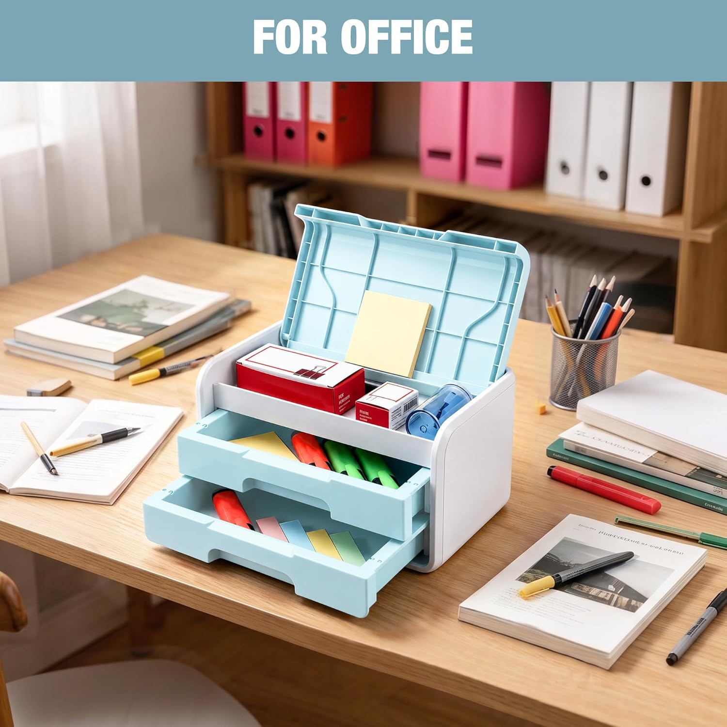 Small desk drawer organizer with flip-top lid, blue and white, two storage drawers