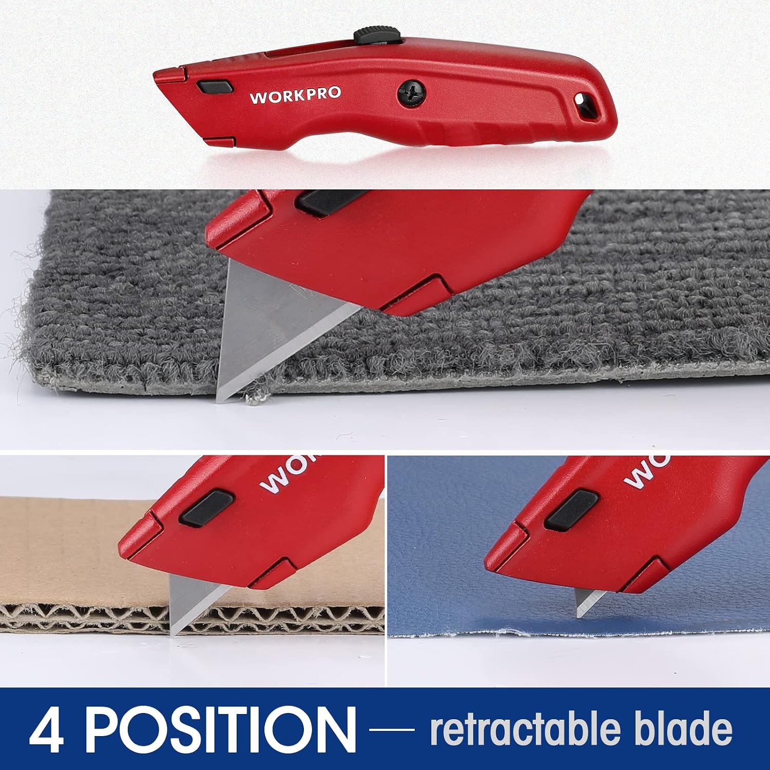 Red retractable utility knife with extended triangular snap blade for cutting