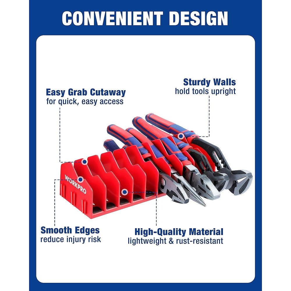 WORKPRO tool rack with red comb slots and black tool holders, holding pliers and cutters