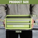 WORKPRO 12.5" Mini Tool Box with 2 Drawers & 1 Open Top Storage, Small Metal Tool Chest with PVC Liners & PP Feet Pads, Cold Rolled Steel Toolbox with Drawer Liners & Magnetic Tabs, Macaron Green
