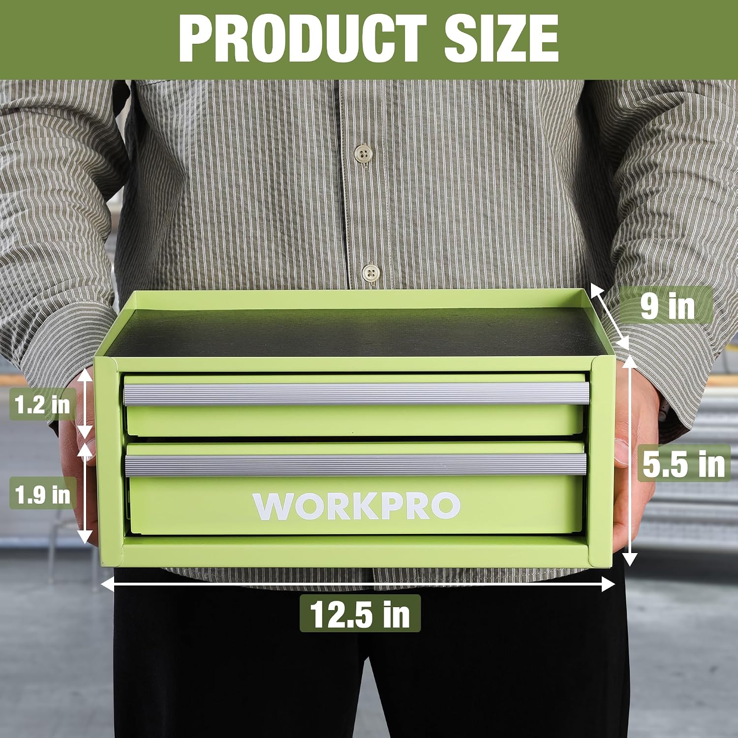 WORKPRO Portable & 12.5" Mini Metal Tool Box, Top Tool Chest Containing Two Drawers, Macaron Green